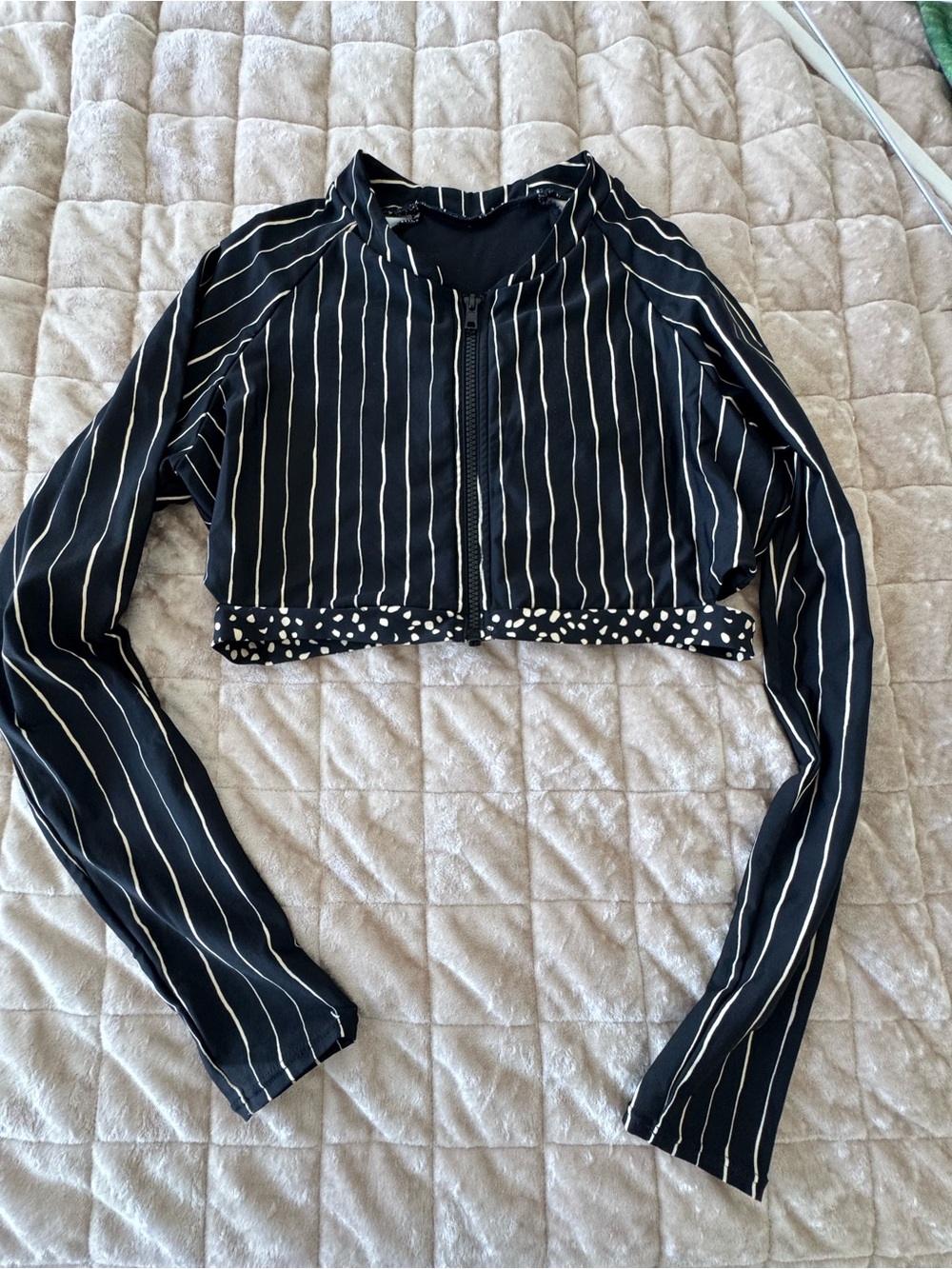 Black Striped Cropped Zip Swim Coverup with Polka-Dot Waist